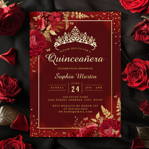Invitation En Aluminium Papillon Fleur de Quinceanera Or Rouge