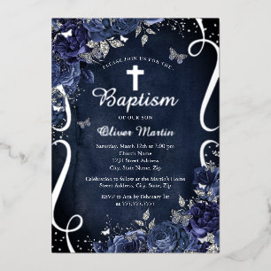 Invitation En Aluminium Papillon floral argent marine Baptême garçon 