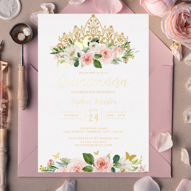 Invitation En Aluminium Papillon floral blanc Tiara Quinceanera 15e (Créateur téléchargé)