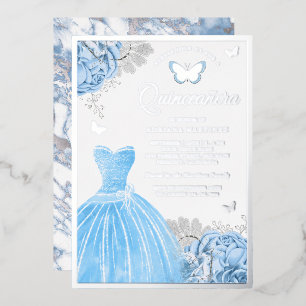 Invitation En Aluminium Papillon Floral Bleu Bébé Quinceanera Argenté