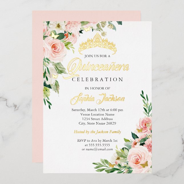 Invitation En Aluminium Papillon floral Blush Pink Gold Quinceanera (Recto/Verso)