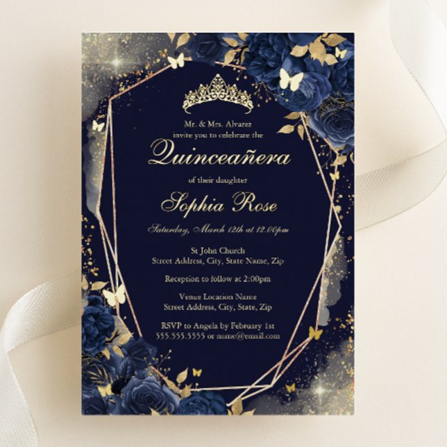 Invitation En Aluminium Papillon Floral Doré de la Marine Quinceanera (Créateur téléchargé)