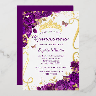 Invitation En Aluminium Papillon Floral Élégant Quinceanera Violet 