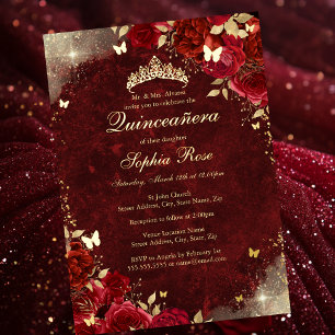 Invitation En Aluminium Papillon floral en or rouge royal en feuille pour
