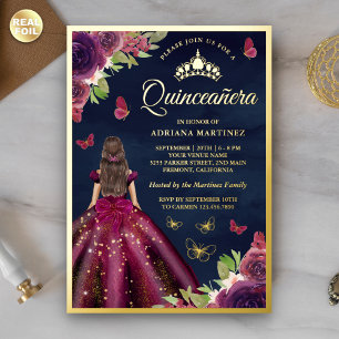 Invitation En Aluminium Papillon Floral Prune Bleu Marine Quinceanera Or