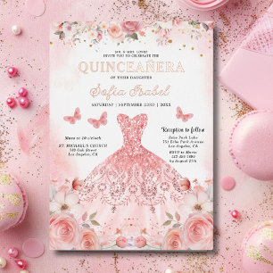 Invitation En Aluminium Papillon floral rose rose pâle Quinceañera