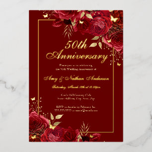 Invitation En Aluminium Papillon floral rouge 50e anniversaire Mariage