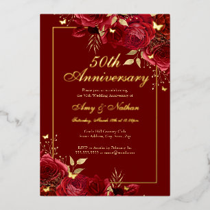 Invitation En Aluminium Papillon floral rouge 50e anniversaire Mariage