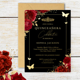 Invitation En Aluminium Papillon Floral Rouge Tiara Quinceanera