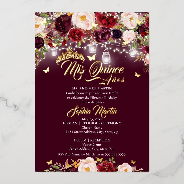 Invitation En Aluminium Papillon floral rustique de Bourgogne Quinceanera (Recto)