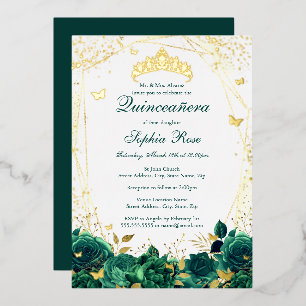 Invitation En Aluminium Papillon floral Tiara Emerald Quinceanera