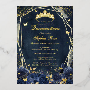 Invitation En Aluminium Papillon floral Tiara Gold Navy Quinceanera