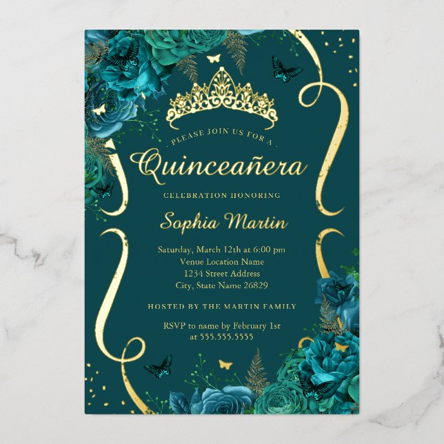 Invitation En Aluminium Papillon floral turquoise Rose Tiara Quinceanera (Recto)