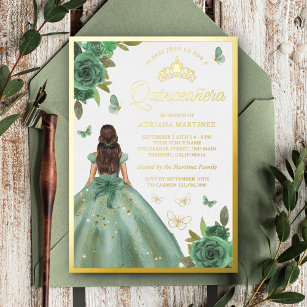 Invitation En Aluminium Papillon floral vert Dusty Sage Quinceanera Gold