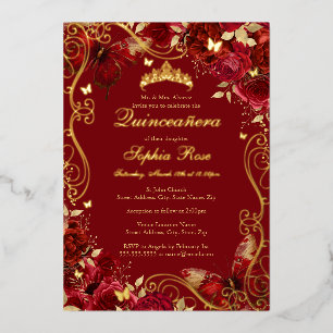 Invitation En Aluminium Papillon Floral Vintage Rouge Or Quinceanera