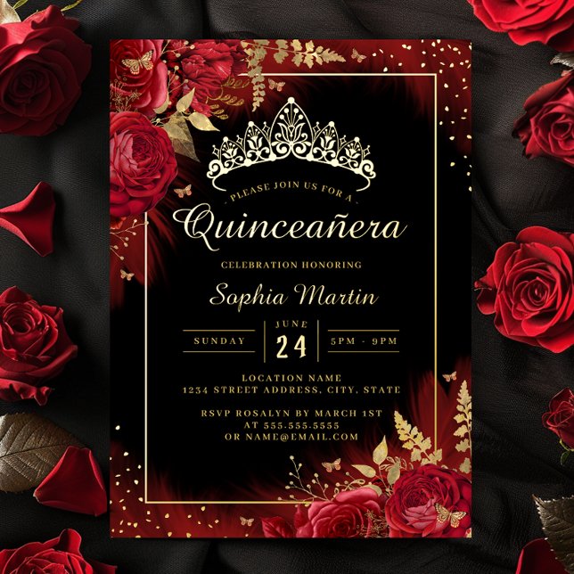 Invitation En Aluminium Papillon noir rouge Quinceanera Floral (Créateur téléchargé)