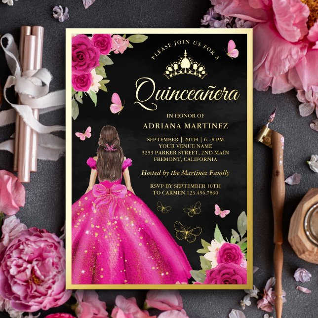 Invitation En Aluminium Papillon rose chaud noir Quinceanera Or (Créateur téléchargé)