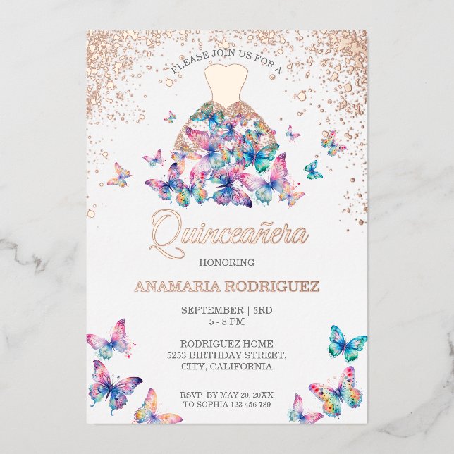 Invitation En Aluminium Papillon Rose d'or moderne Gown Quinseanera Foil (Recto)