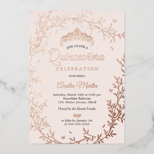 Invitation En Aluminium Papillon Rose feuille d'or couronne Quinceanera (Recto)