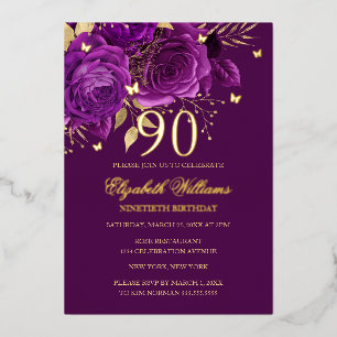 Invitation En Aluminium Papillon Rose Gold Violet 90e Anniversaire