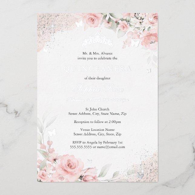 Invitation En Aluminium Papillon rose pâle rose quinceanera en argent (Recto)