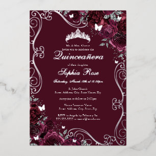 Invitation En Aluminium Papillon Tourbillon Floral Bourgogne Quinceanera
