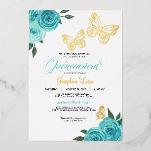 Invitation En Aluminium Papillon Turquoise Rose Quinceanera Real