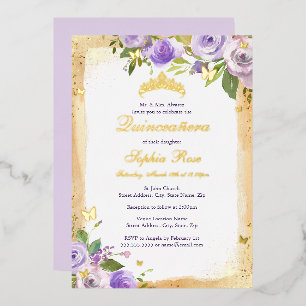 Invitation En Aluminium Papillon Violet Fleur Rose Quinceanera