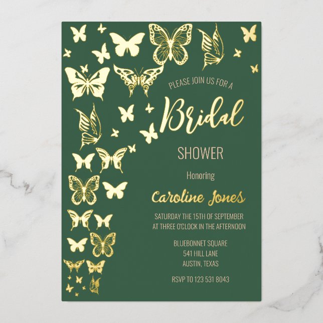 Invitation En Aluminium Papillons Boho Green Gold Fête des mariées (Recto)