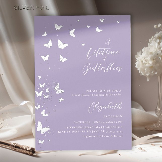 Invitation En Aluminium Papillons de vie Fête des mariées Lilac moderne (a lifetime of butterflies bridal shower invitation lilac silver foil elegant vines whimsical modern )