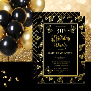 Invitation En Aluminium Papillons Élégants Fête d'anniversaire 30 ans Noir