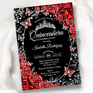 Invitation En Aluminium Papillons Roses Argent Noir Quinceanera