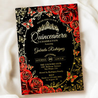 Papillons rouges noirs or Quinceanera