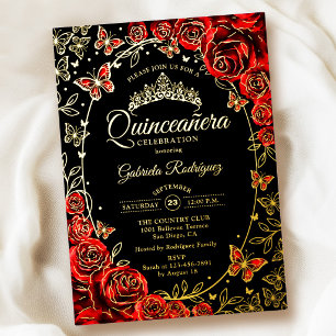 Invitation En Aluminium Papillons rouges noirs or Quinceanera