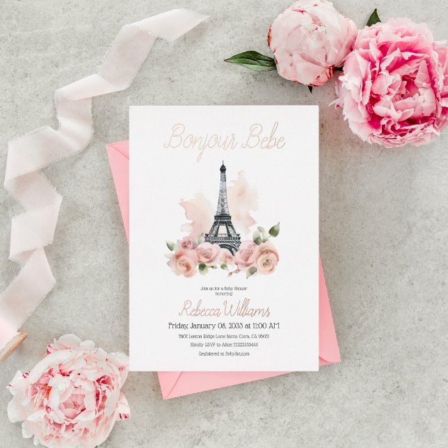 Invitation En Aluminium Paris Bonjour Bebe Baby shower Floral Parisien (Créateur téléchargé)