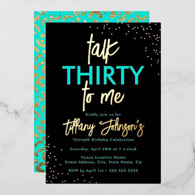Invitation En Aluminium Parlez Trente pour moi Leopard Turquoise Gold 30e  (Recto/Verso)