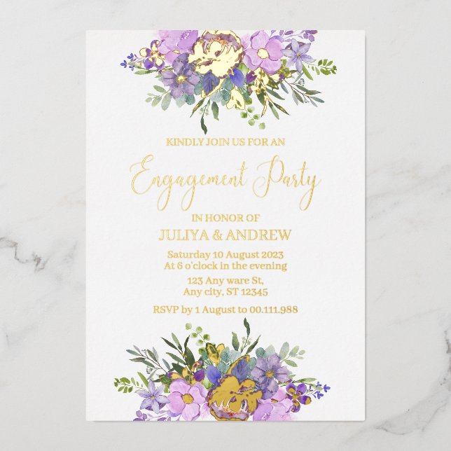 Invitation En Aluminium Parti d'engagement floral violet et vert (Recto)