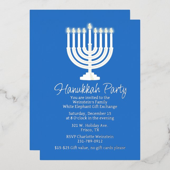 Invitation En Aluminium Parti Hanoukka Menorah (Recto/Verso)
