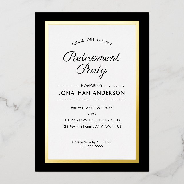 Invitation En Aluminium Partie de retraite Noir et Or (Recto)