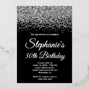 Invitation En Aluminium Parties scintillant d'argent glam noir 30e anniver