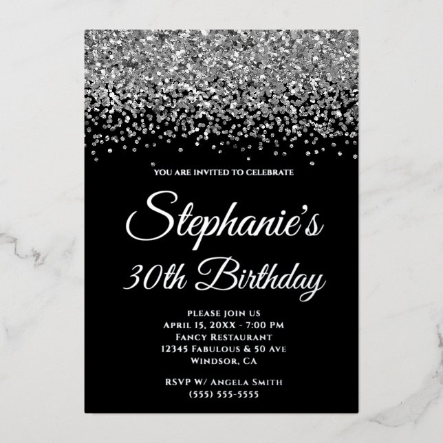 Invitation En Aluminium Parties scintillant d'argent glam noir 30e anniver (Recto)