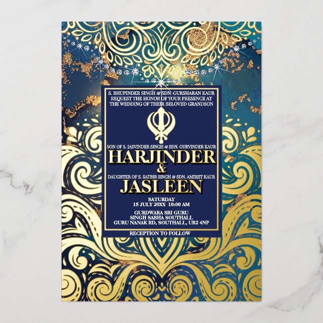 Invitation En Aluminium Parties scintillant de luxe Blue Sikh Anand Karaj  (Recto)