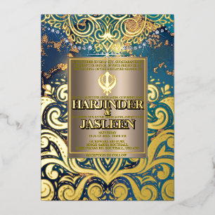 Invitation En Aluminium Parties scintillant de luxe Blue Sikh Anand Karaj