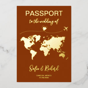 Invitation En Aluminium Passeport Mariage Destination Gold Foil Adventure