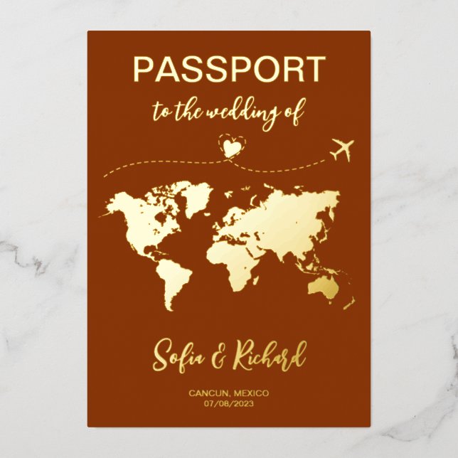 Invitation En Aluminium Passeport Mariage Destination Gold Foil Adventure (Recto)