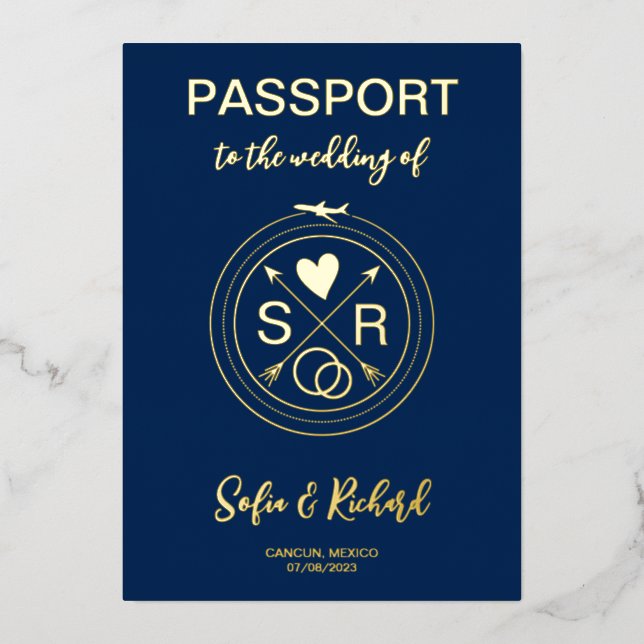 Invitation En Aluminium Passeport Mariage Destination Gold Foil fond (Recto)
