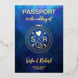 Invitation En Aluminium Passeport Mariage Destination Gold Foil fond