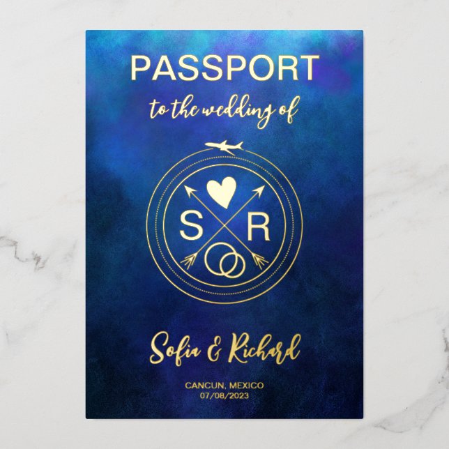 Invitation En Aluminium Passeport Mariage Destination Gold Foil fond (Recto)