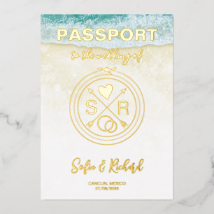 Invitation En Aluminium Passeport Mariage Destination Gold Foil fond