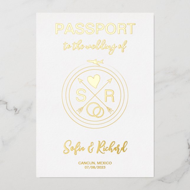 Invitation En Aluminium Passeport Mariage Destination Gold Foil fond (Recto)